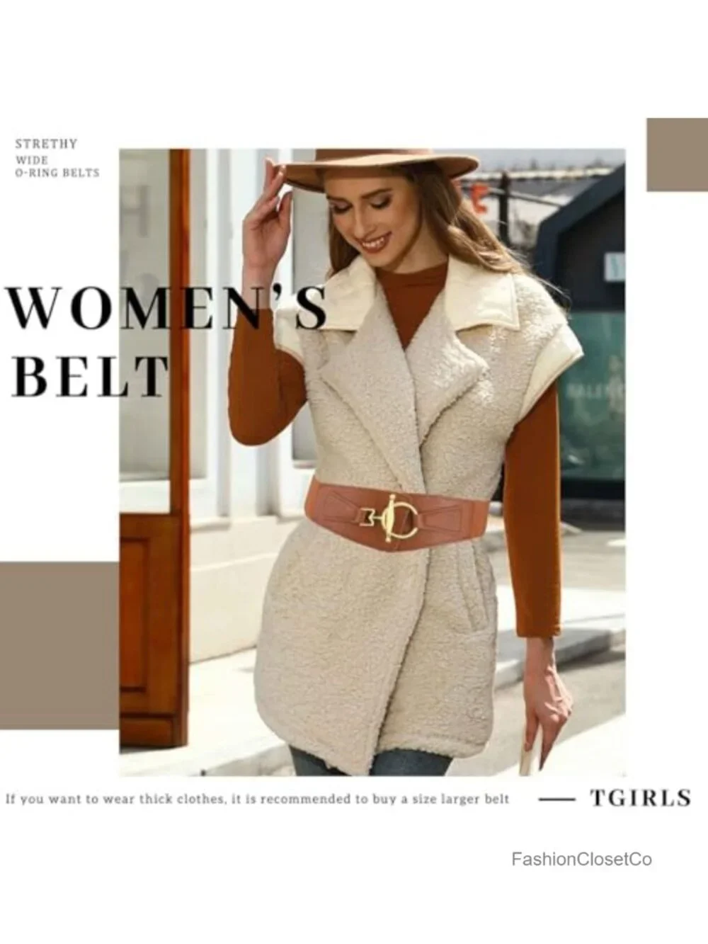 Women's Stretchy Wide Elastic Waist Belt with Gold Buckle